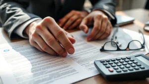 Close-up of adult hands reviewing legal documents and contracts at a wooden desk with a calculator and reading glasses nearby, natural lighting from window, serious professional atmosphere