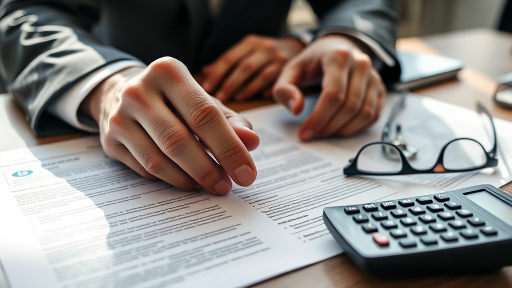 Close-up of adult hands reviewing legal documents and contracts at a wooden desk with a calculator and reading glasses nearby, natural lighting from window, serious professional atmosphere