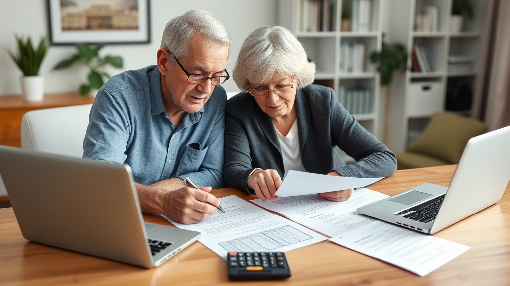 Elderly couple reviewing financial documents and estate planning papers at home office desk with laptop and calculator visible
