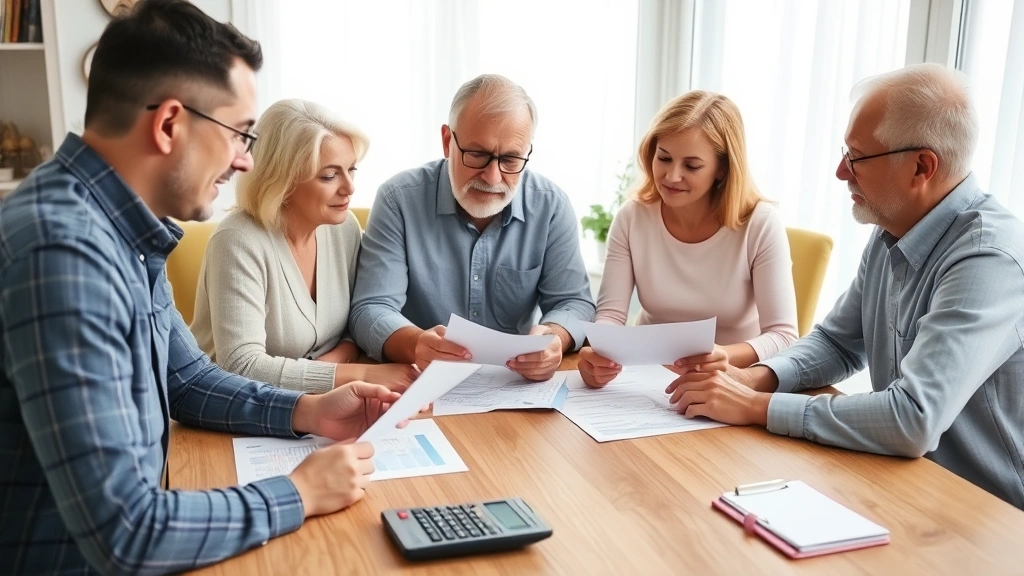 Multi-generational family having serious financial planning conversation around dining table with documents, calculator, and notepad