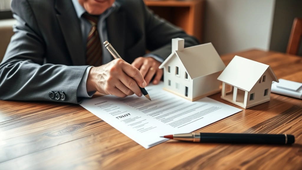 Older homeowner signing legal documents at a wooden desk with a house model and trust paperwork visible, natural lighting through window, professional setting