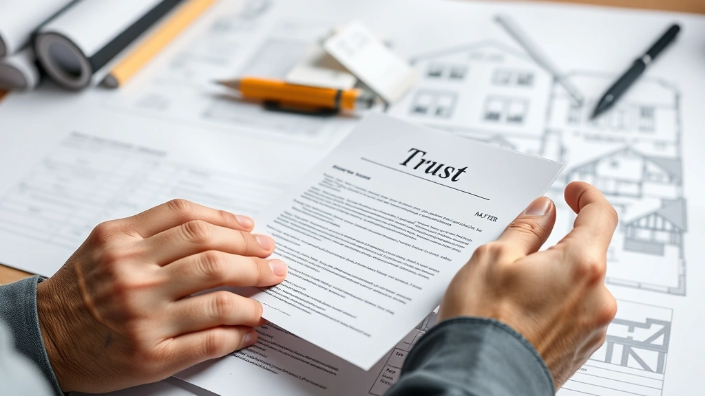 Close-up of hands reviewing property deed and trust documents with a home's architectural blueprint in background, organized file folders