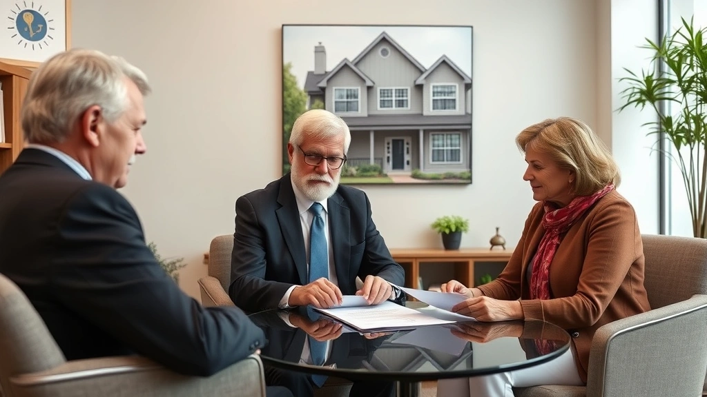 Elder law attorney meeting with senior couple in modern office, reviewing estate planning documents with house photo on wall behind them, warm professional atmosphere