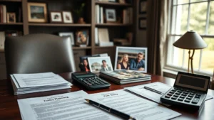 Pennsylvania home office with real estate documents, calculator, and family photos on desk, natural lighting from window, professional yet warm atmosphere, showing estate planning materials and property deed