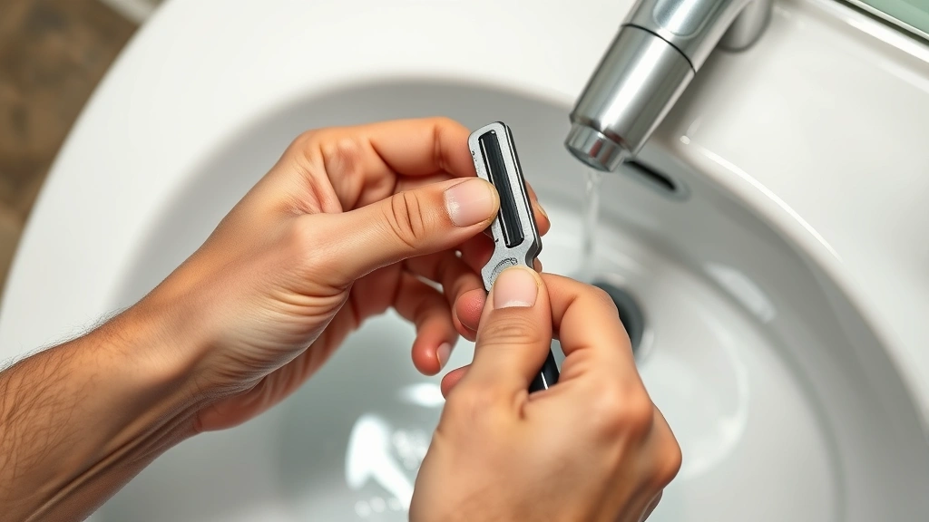Close-up of a person's hands holding a modern multi-blade razor over a sink with warm water running, showing proper razor angle and grip technique during shaving preparation