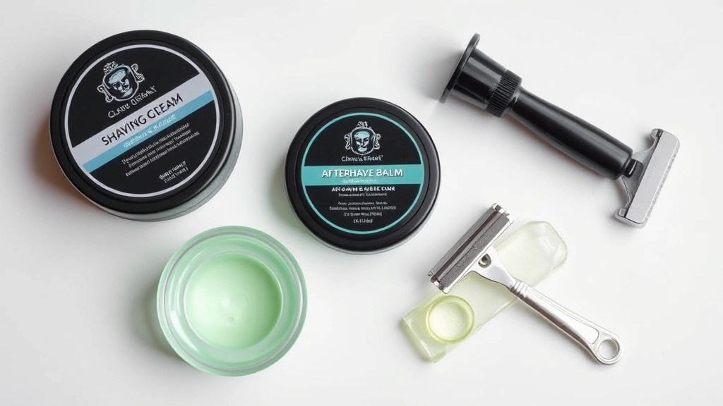 Flatlay arrangement of premium shaving products including shaving cream, aftershave balm, aloe vera gel, and a fresh razor blade on a clean white surface with soft lighting