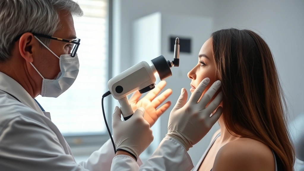 Dermatologist examining a patient's skin with magnification lamp in a clinical setting, demonstrating professional skin assessment and care consultation