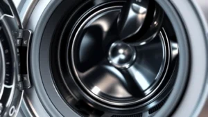 Professional washing machine interior showing delicate cycle setting with cool water temperature dial, modern stainless steel drum, close-up detail of cycle selection buttons and temperature controls