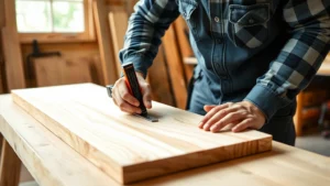 Professional carpenter measuring and marking pressure-treated lumber on a workbench with carpenter's square and pencil, workshop setting with natural light