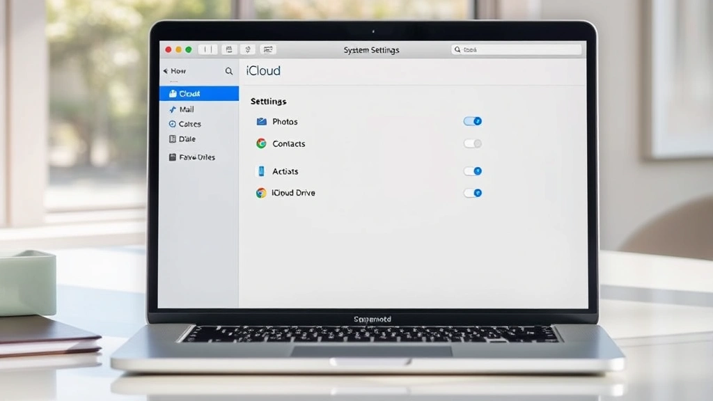 Mac laptop displaying System Settings iCloud configuration panel with toggle switches for Photos, Mail, Contacts, and iCloud Drive services on a bright desk with natural lighting