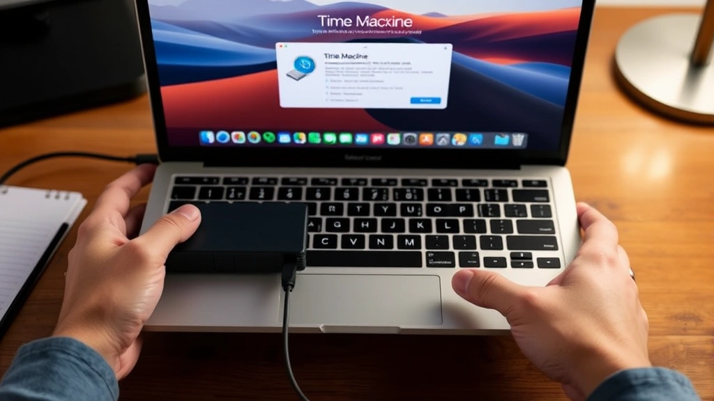 Hands holding a Mac laptop over a desk with an external hard drive connected via USB cable, showing Time Machine backup in progress on the screen