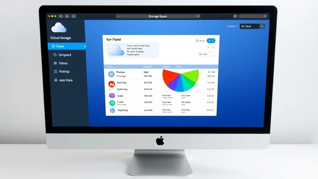 iCloud storage management dashboard on a Mac screen showing storage breakdown with colorful pie chart segments for Photos, Mail, iCloud Drive, and App Data