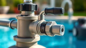 Close-up of multiport valve on residential pool filter system showing backwash position handle, with pressure gauge visible and pool pump in soft focus background, daylight setting