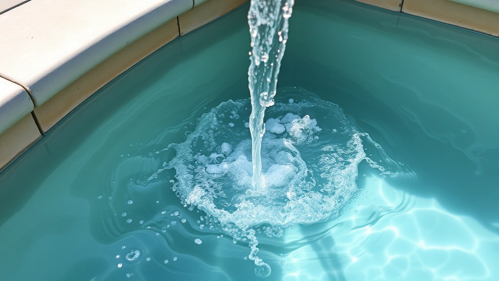 Transparent view of waste water flowing from pool filter discharge line showing debris and cloudiness during active backwash cycle, outdoor poolside environment with concrete deck