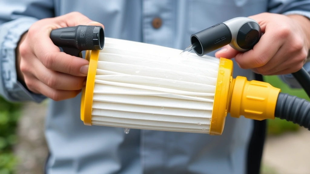 Technician's hands demonstrating cartridge filter cleaning technique, removing pleated filter cartridge and rinsing with garden hose spray nozzle, showing water spray between filter pleats
