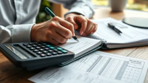 Close-up of person writing in checkbook register with calculator and bank statement spread on wooden desk, natural lighting from window, organized workspace with pen and papers