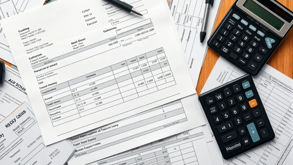 Overhead view of bank statement, checkbook register, calculator, and organized financial documents laid out on desk ready for reconciliation process