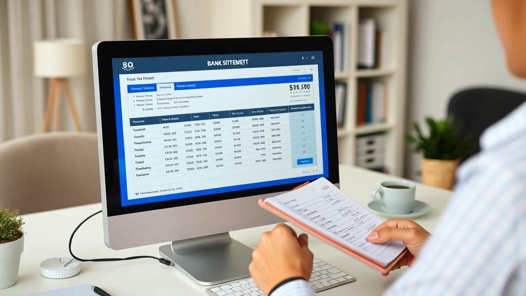 Person reviewing bank statement on computer screen with checkbook and notepad visible, professional home office setting showing digital banking reconciliation