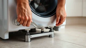 Close-up of hands adjusting metal leveling feet beneath a front-load washing machine using a wrench, showing proper foot positioning and adjustment technique on a tile floor