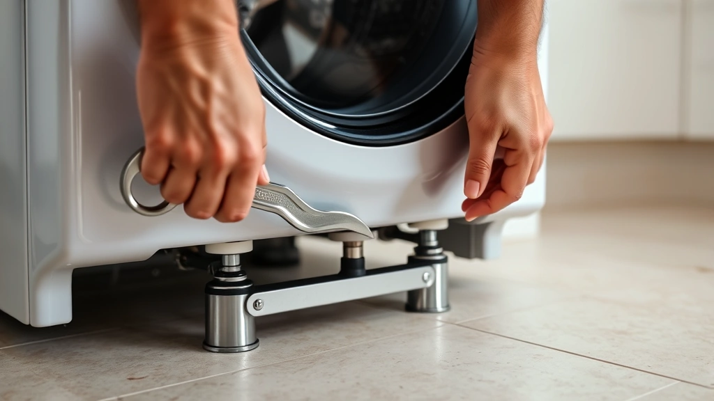 Close-up of hands adjusting metal leveling feet beneath a front-load washing machine using a wrench, showing proper foot positioning and adjustment technique on a tile floor