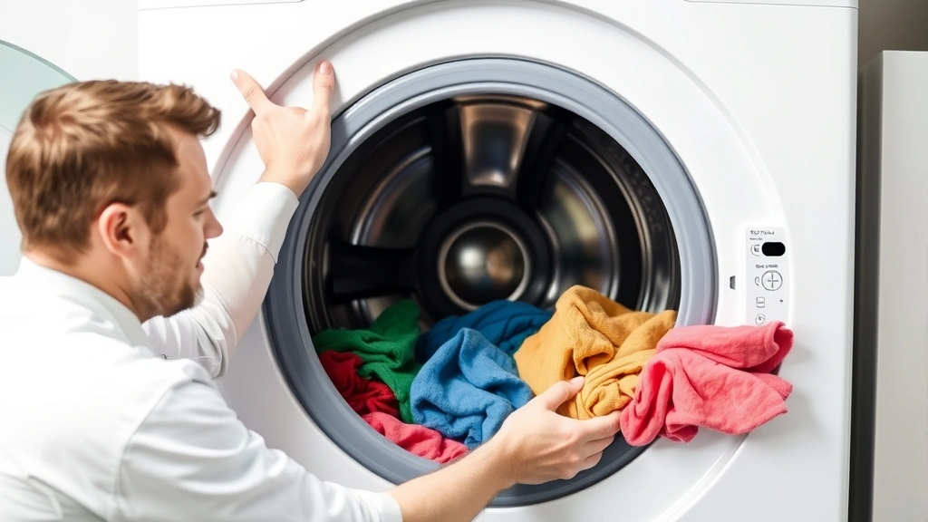 Professional technician distributing colored laundry items evenly around the interior drum of a front-load washing machine, demonstrating proper load arrangement and weight distribution