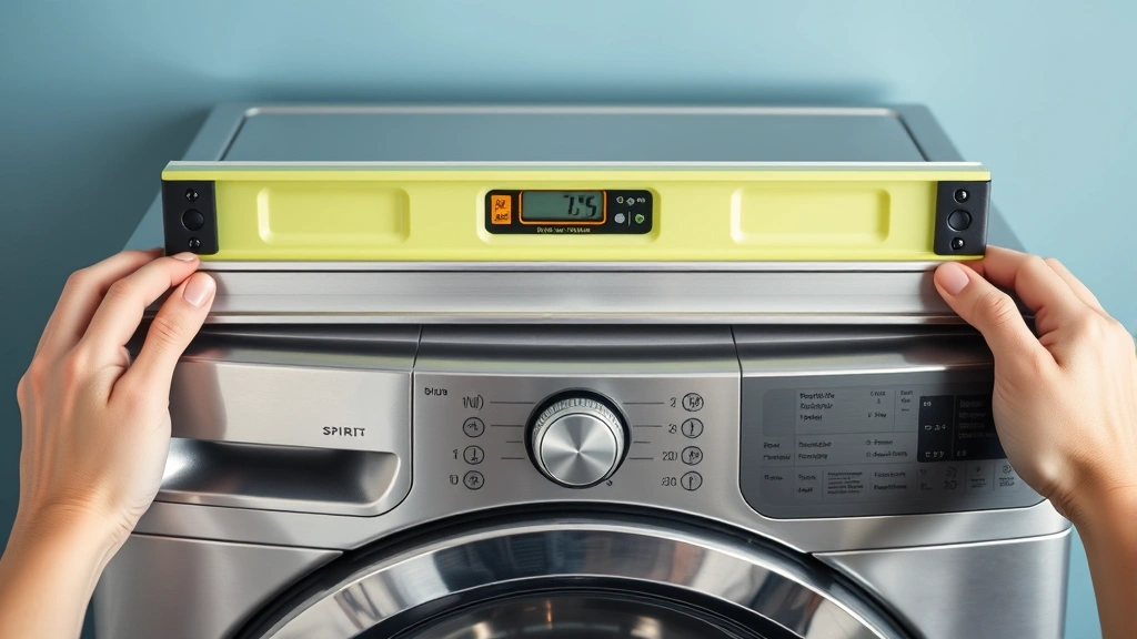 Spirit level tool placed on top of a stainless steel washing machine showing proper horizontal alignment, with hands holding the level to verify machine positioning