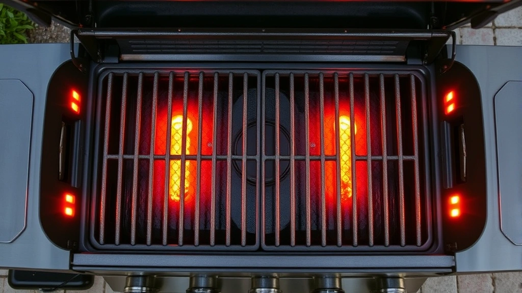 Overhead view of gas grill with established two-zone setup showing lit burners on sides and cool zone in center, grates visible with temperature zones marked by heat shimmer