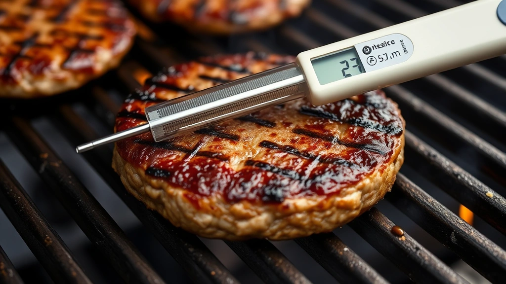 Action shot of perfectly seared burger patty on hot grill grates showing caramelized crust with char marks, slight smoke visible, instant-read thermometer inserted horizontally into burger center