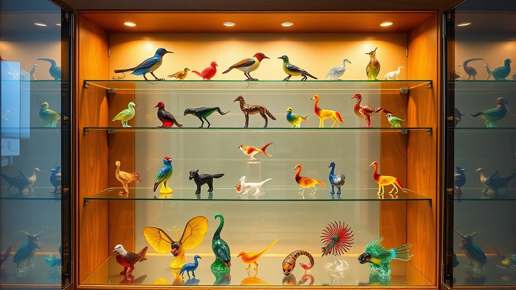 Professional glass display cabinet with multiple shelves showcasing colorful glass animal figurines including birds, fish, and mammals, warm accent lighting highlighting transparency and internal color gradations, wooden frame with glass doors