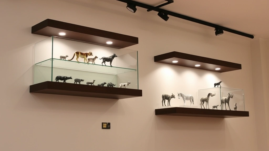 Wall-mounted floating shelves with secured glass animal collection, clear acrylic display stands cradling individual pieces, indirect LED track lighting creating dimensional shadows, neutral wall background emphasizing artwork