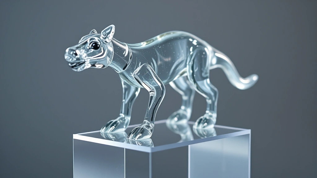 Detailed close-up of museum-quality glass animal on custom acrylic pedestal with soft side lighting, showing intricate manufacturing details and transparency, dust-free presentation in climate-controlled environment