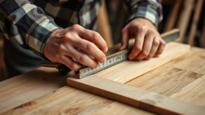 Close-up of hands carefully measuring wooden boards on a workbench with a metal tape measure, showing precision and focus during a woodworking project