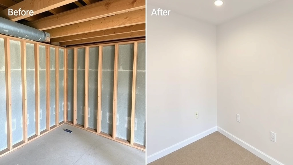 Before-and-after split-screen of a basement corner: left side shows unfinished drywall and exposed studs, right side shows finished painted walls with proper electrical outlets installed