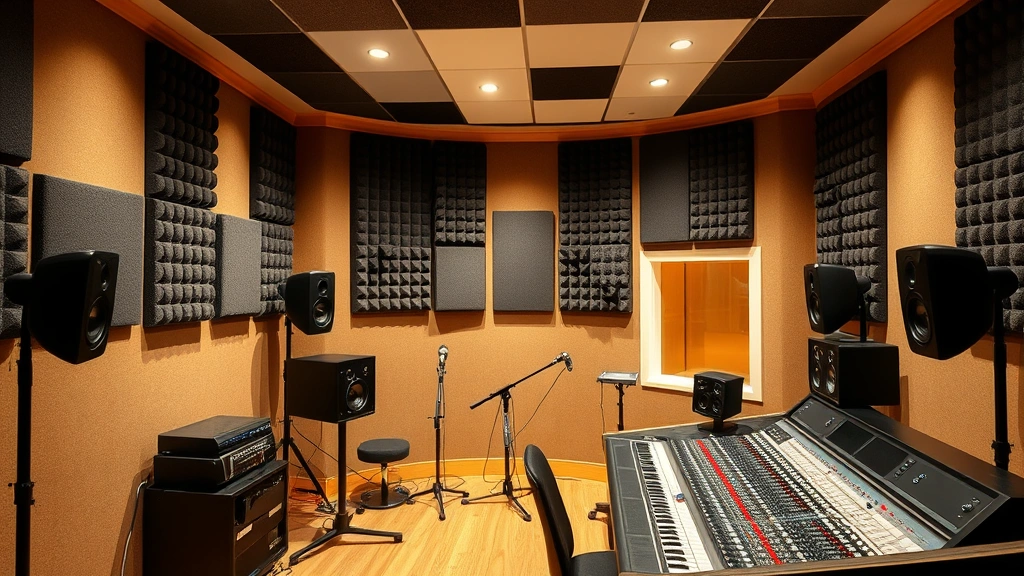 Professional recording studio interior with acoustic foam panels on walls, bass traps in corners, mixing console with monitor speakers on stands, isolated microphone booth with acoustic treatment, warm lighting, no text visible