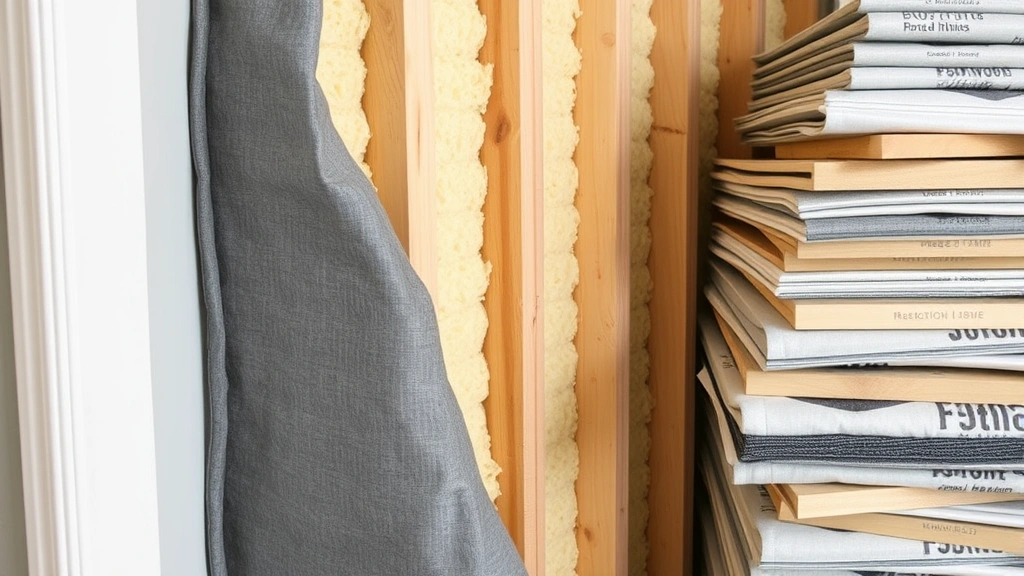 Close-up of corner bass trap installation showing thick rockwool insulation wrapped in gray fabric, furring strip framing, acoustic treatment materials stacked nearby, construction detail view