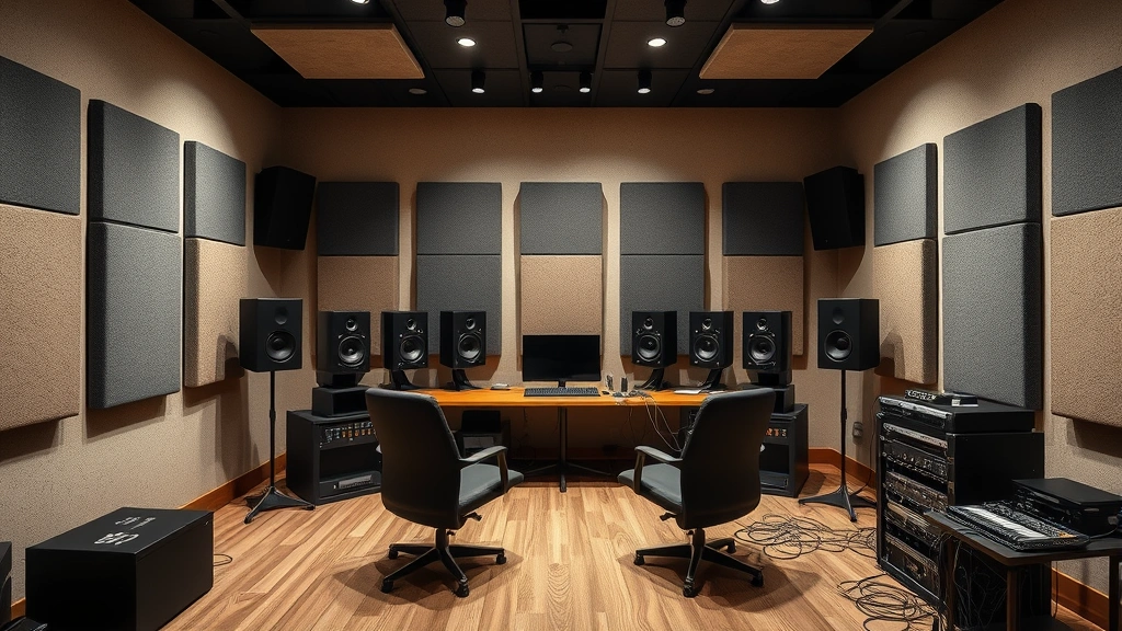 Wide shot of control room setup showing proper speaker placement forming triangle with listening position, treated walls with absorption panels and diffusers, equipment rack with cables organized, professional studio aesthetic