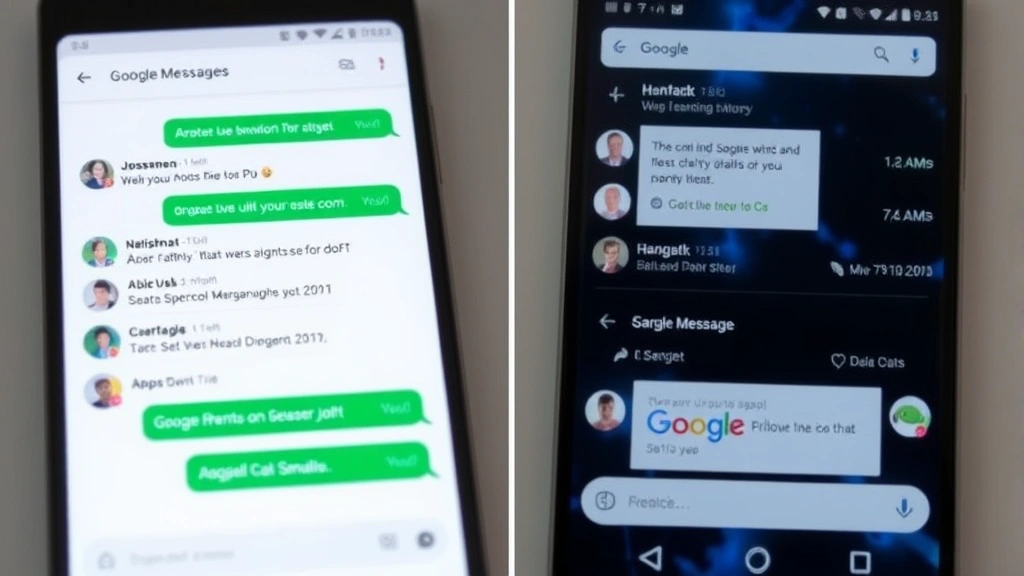 Split-screen showing Android phone with Google Messages app open displaying a group chat conversation with multiple participants and notification badges visible