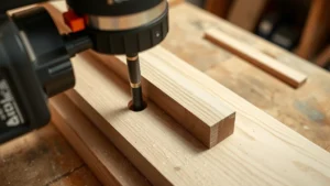 Close-up of pocket hole jig drilling angled holes into wooden board, workshop setting with wood shavings, professional carpentry tool in action