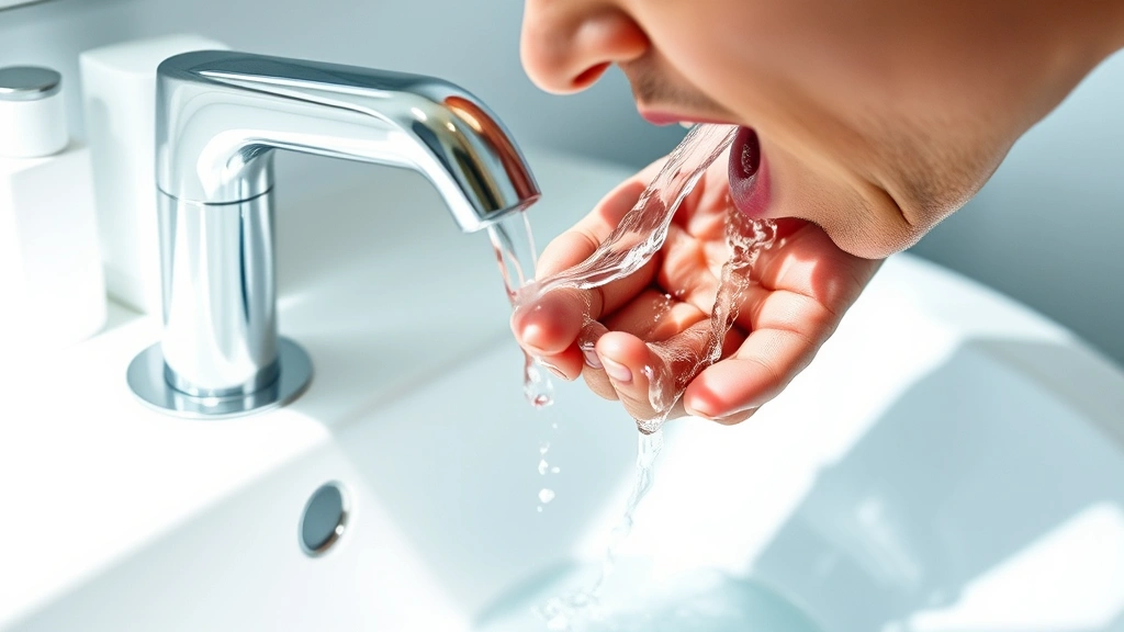 Close-up of person rinsing mouth with water at bathroom sink, natural lighting, clear water stream visible, clean modern bathroom setting, photorealistic