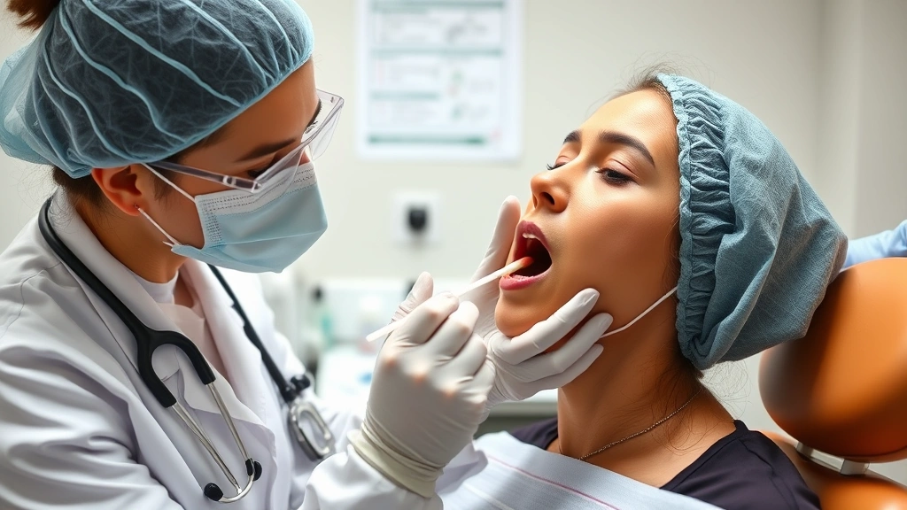 Professional healthcare worker collecting oral fluid sample from patient using swab collection device, proper technique demonstration, clinical setting with supplies, neutral expression