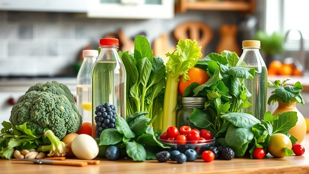 Healthy fresh vegetables and water bottles arranged on kitchen counter, broccoli spinach berries nuts visible, bright natural lighting, nutritious food preparation scene