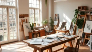 Artist's studio with natural light from large windows, wooden worktable with scattered sketches and art supplies, comfortable chair, plants in background, warm neutral tones, no text visible