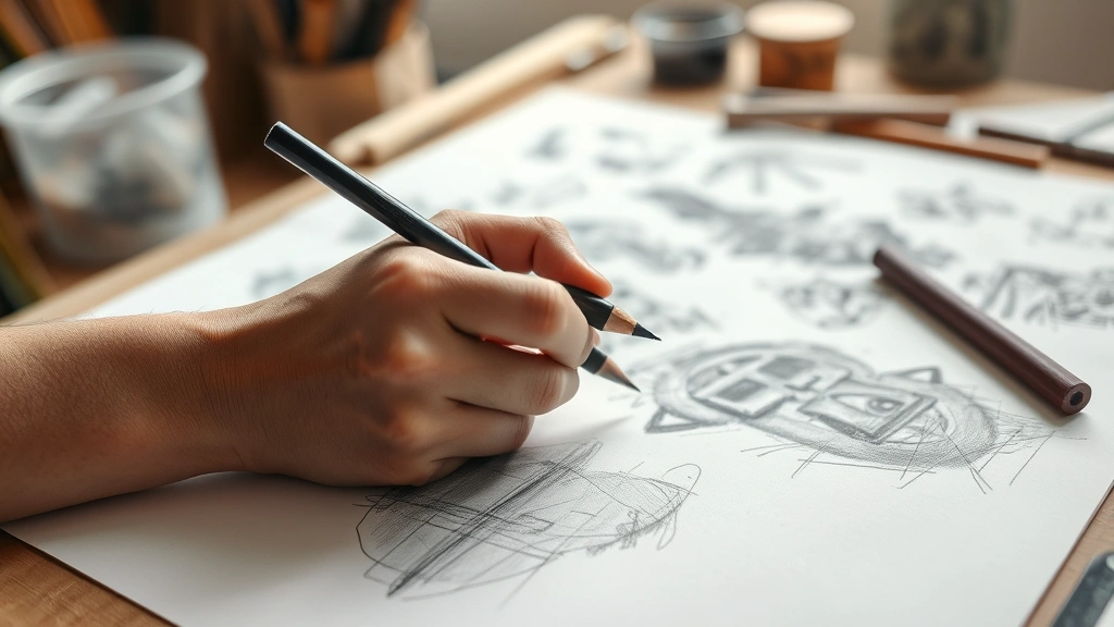 Close-up of hands holding charcoal stick over paper with loose, expressive sketches in progress, various sketch studies visible, natural lighting, studio setting with blurred supplies in background