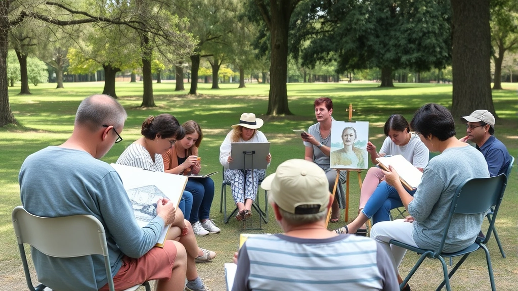 Diverse group of artists sketching together outdoors in a park setting, sitting on chairs or standing at easels, trees and natural landscape visible, natural daylight, collaborative creative atmosphere