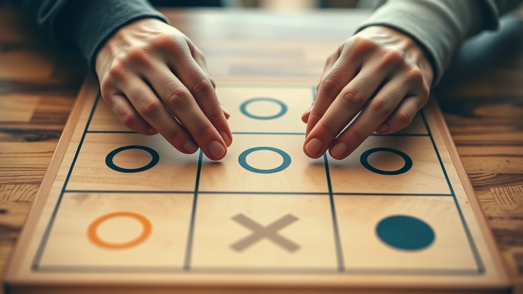 Close-up of hands making a strategic move on tic tac toe board, demonstrating center square placement, natural lighting, focused composition, game in progress, middle stage gameplay visible