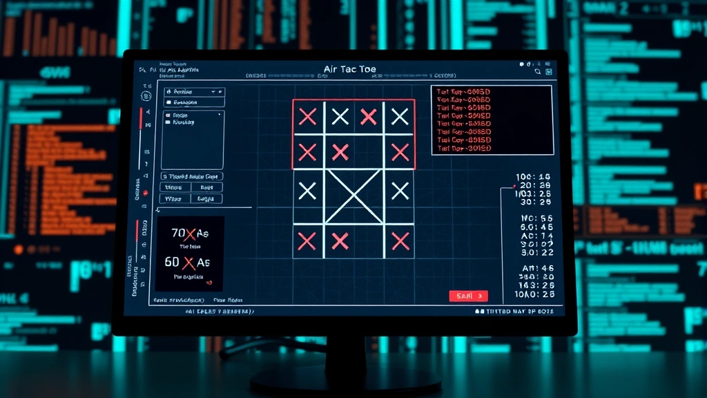 Computer screen displaying AI algorithm analyzing tic tac toe positions, digital interface showing game tree calculations, strategic analysis visualization, modern tech aesthetic, board positions highlighted