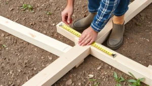 Carpenter measuring and marking wooden wall frame components on ground before assembly, showing 2x4 lumber, tape measure, and pencil marks