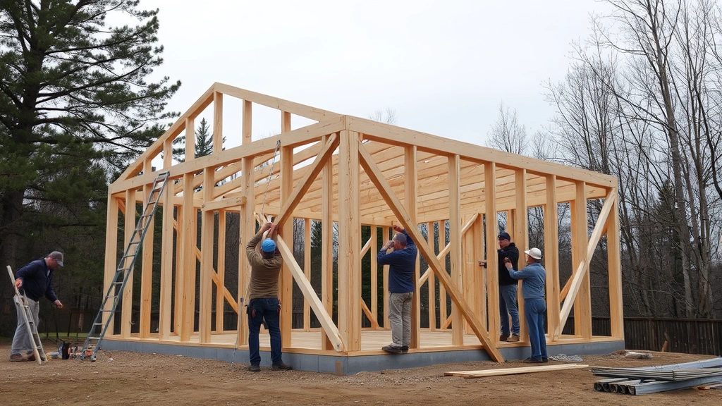Completed shed wall frame being raised and braced with diagonal support boards, multiple workers positioning structure with levels checking plumb