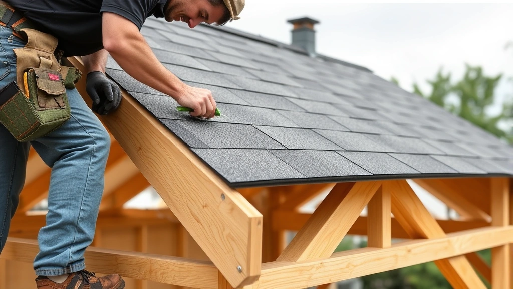 Roofer installing asphalt shingles on completed shed roof truss system, showing proper nailing technique and shingle overlap patterns