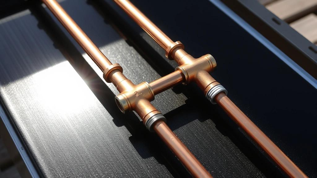 Close-up of copper tubing and fittings soldered together on a black absorber plate inside a solar collector box with foam insulation visible, sunlight casting shadows across the copper